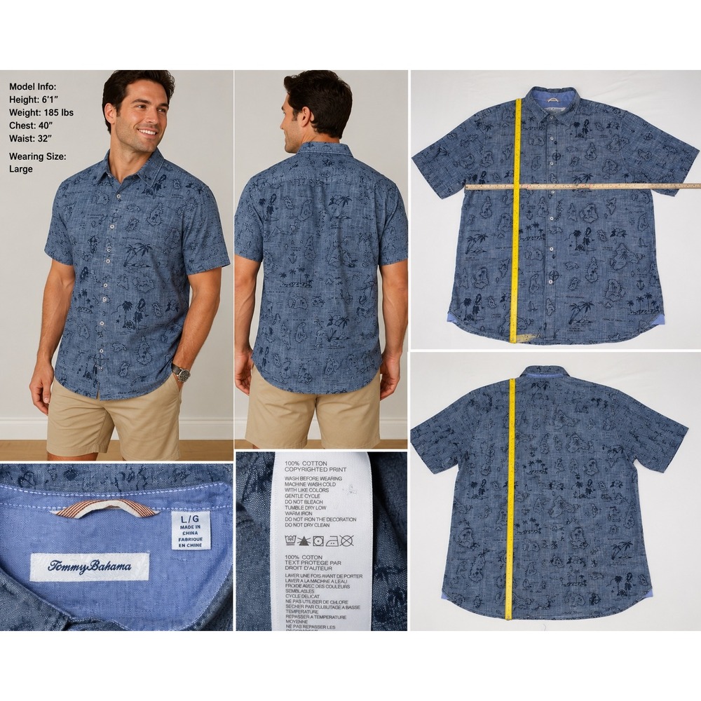 Tommy Bahama Blue Hawaiian Map Print Button Up Shirt Men's Large